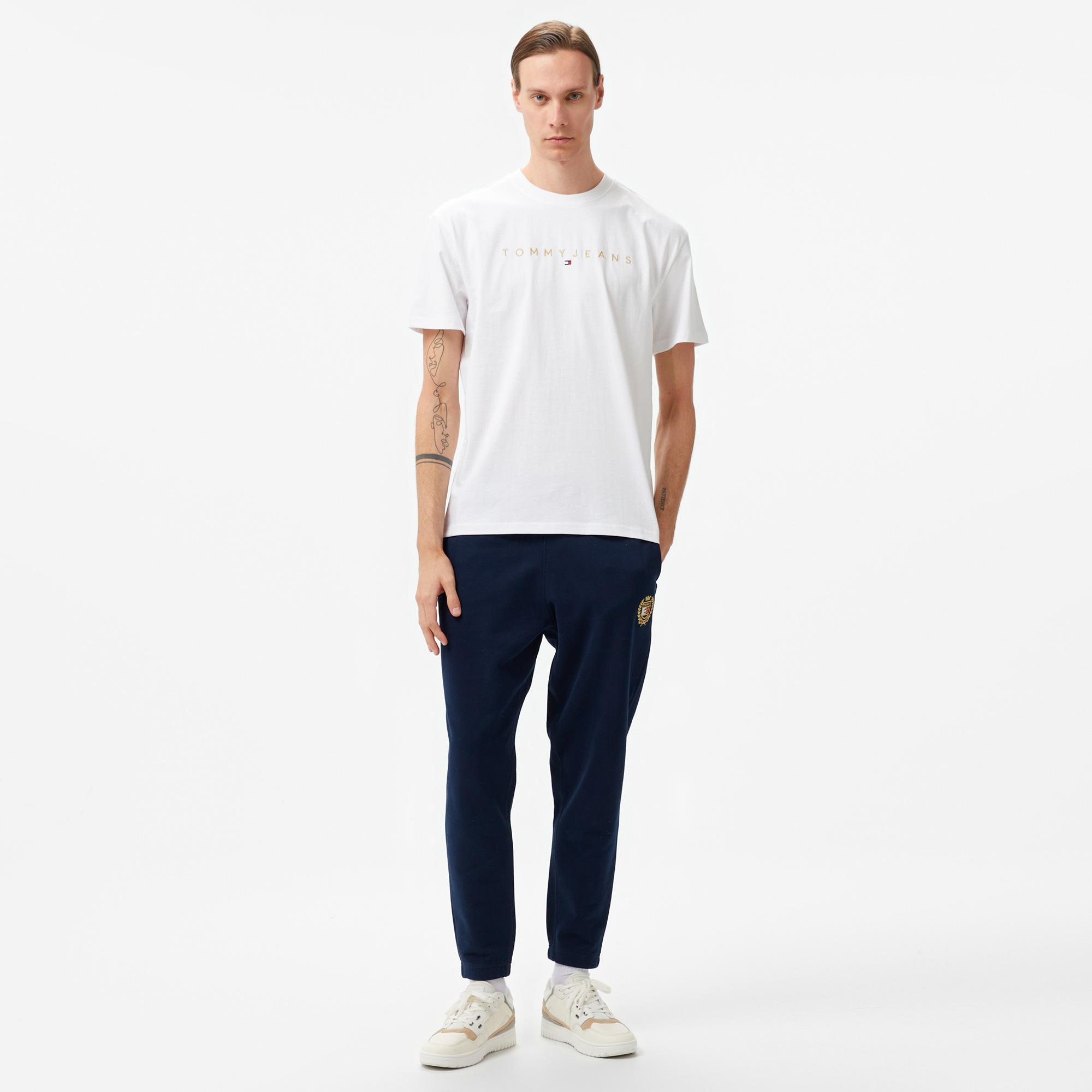 Tommy Hilfiger Jeans Gold Linear Logo Erkek Beyaz T-Shirt