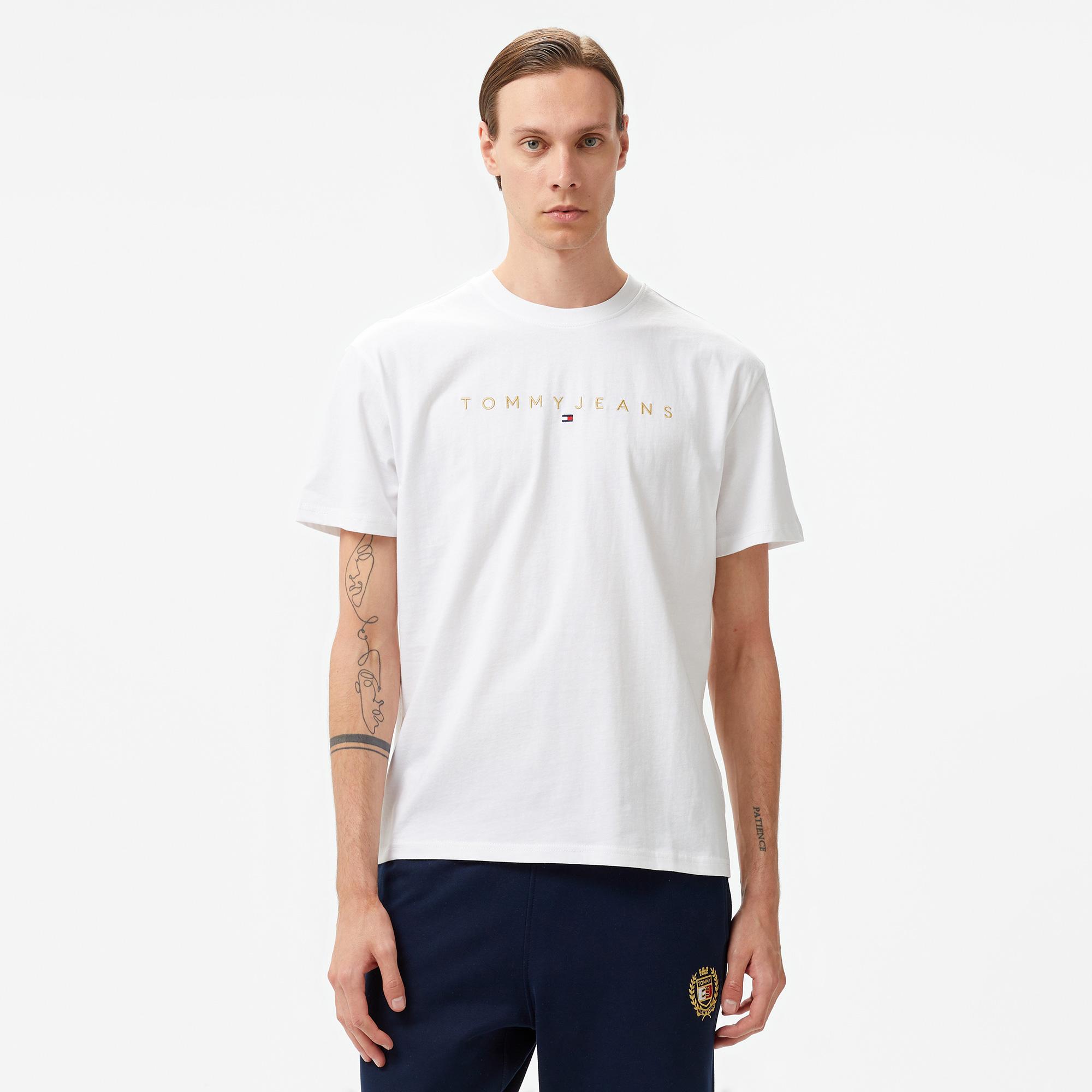 Tommy Hilfiger Jeans Gold Linear Logo Erkek Beyaz T-Shirt