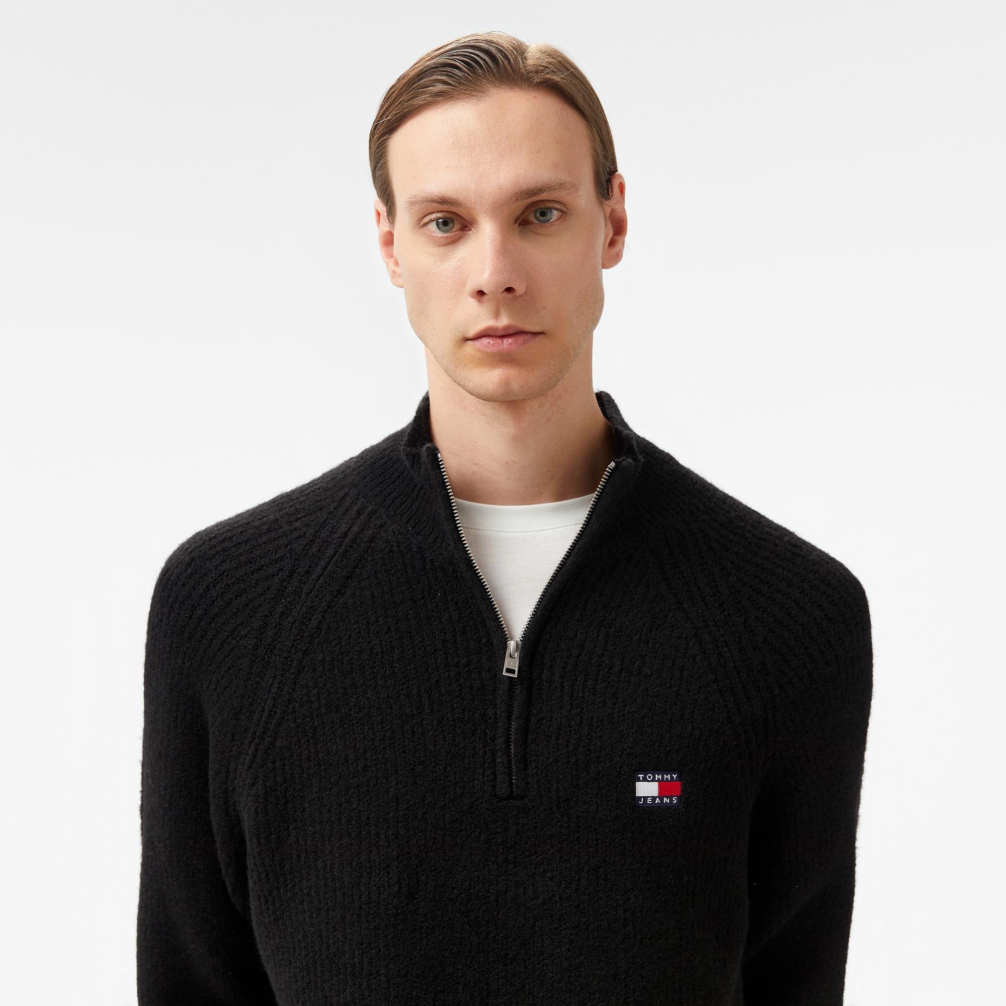 Tommy Hilfiger Jeans 1/4 Zip Raglan Badge Erkek Siyah Kazak