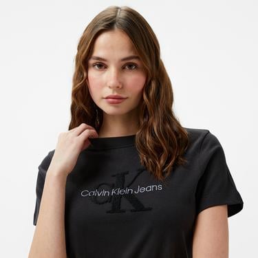  Calvin Klein Jeans Chenılle Monologo Regular Kadın Siyah T-Shirt