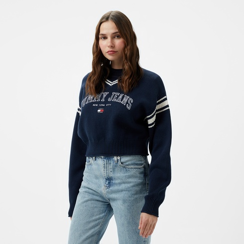  Tommy Hilfiger Jeans Varsity V-Neck Kadın Lacivert Kazak