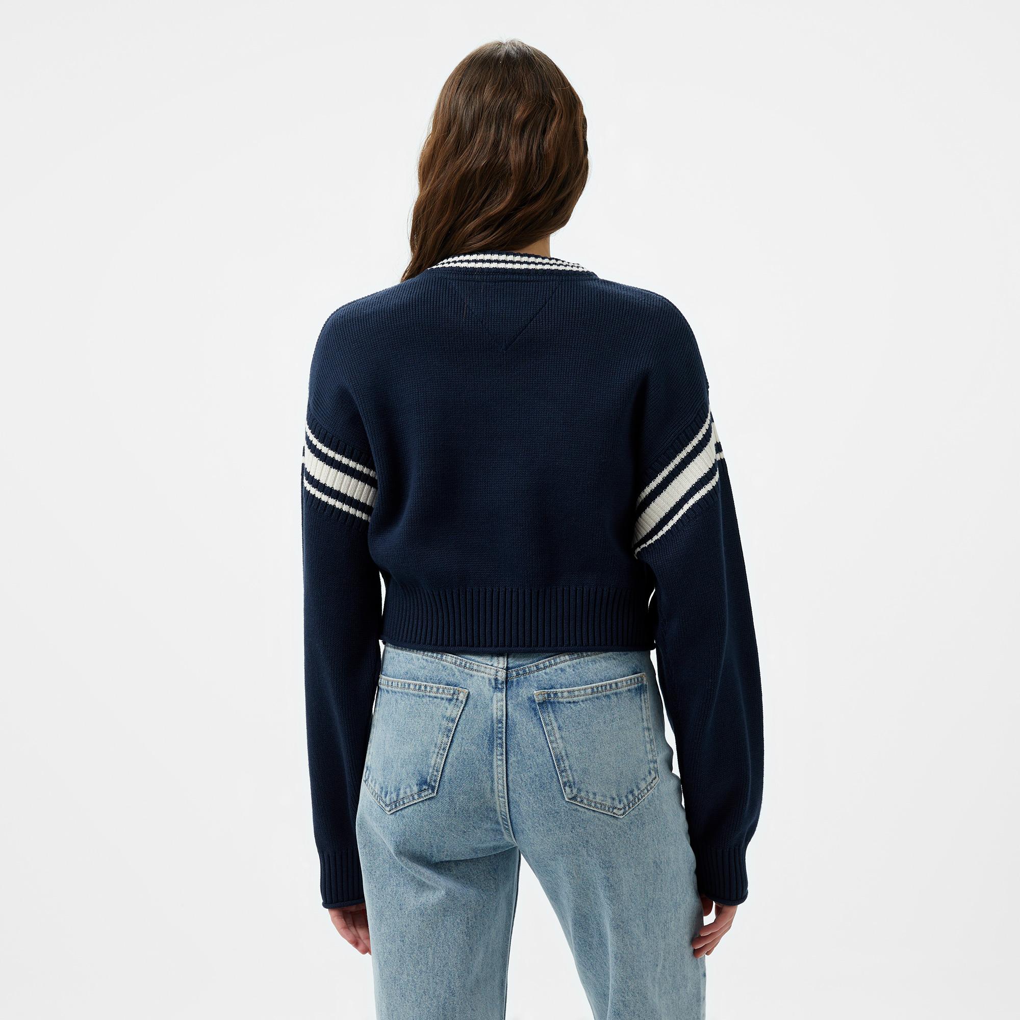 Tommy Hilfiger Jeans Varsity V-Neck Kadın Lacivert Kazak