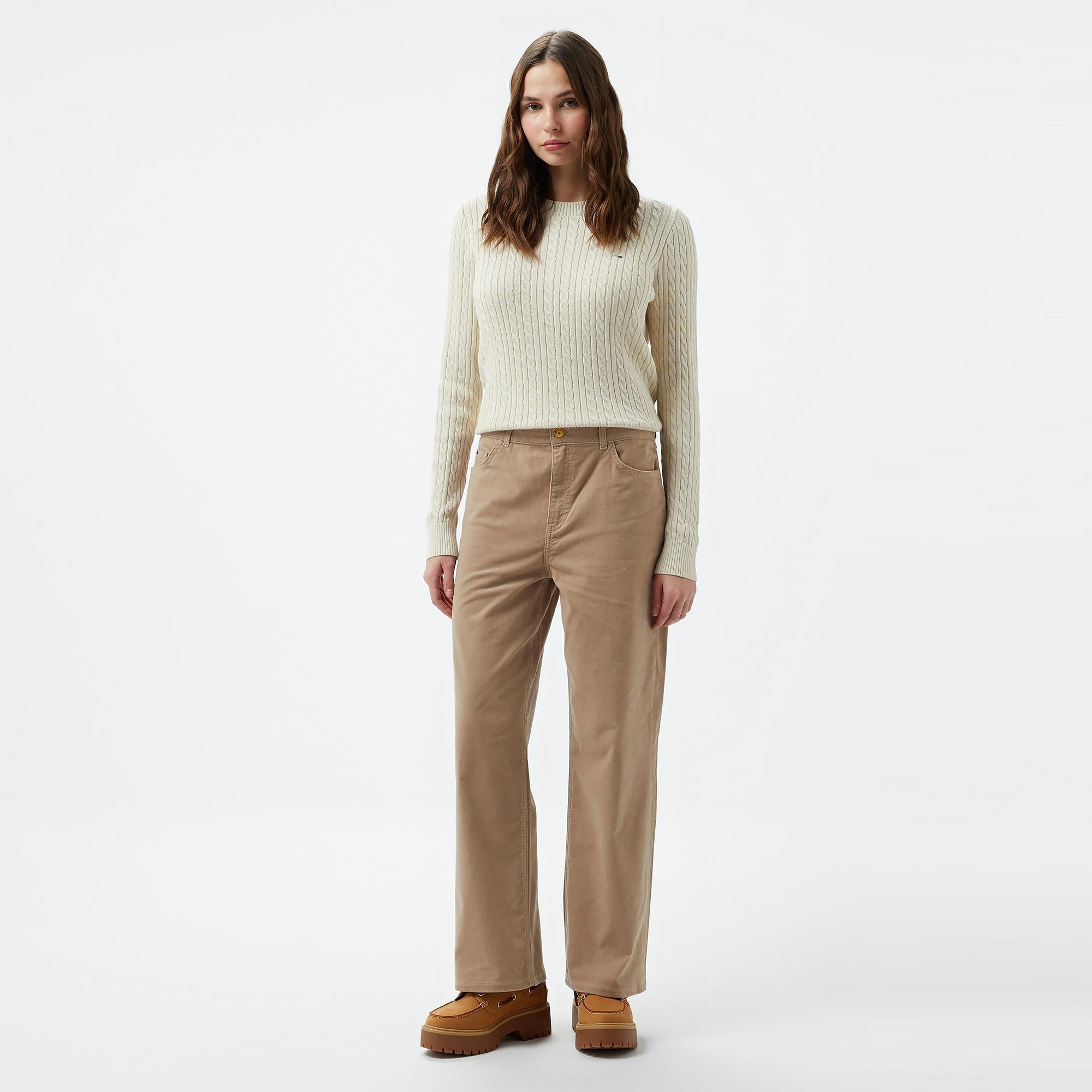 Tommy Hilfiger Corduroy Relaxed Straight Kadın Bej Pantolon