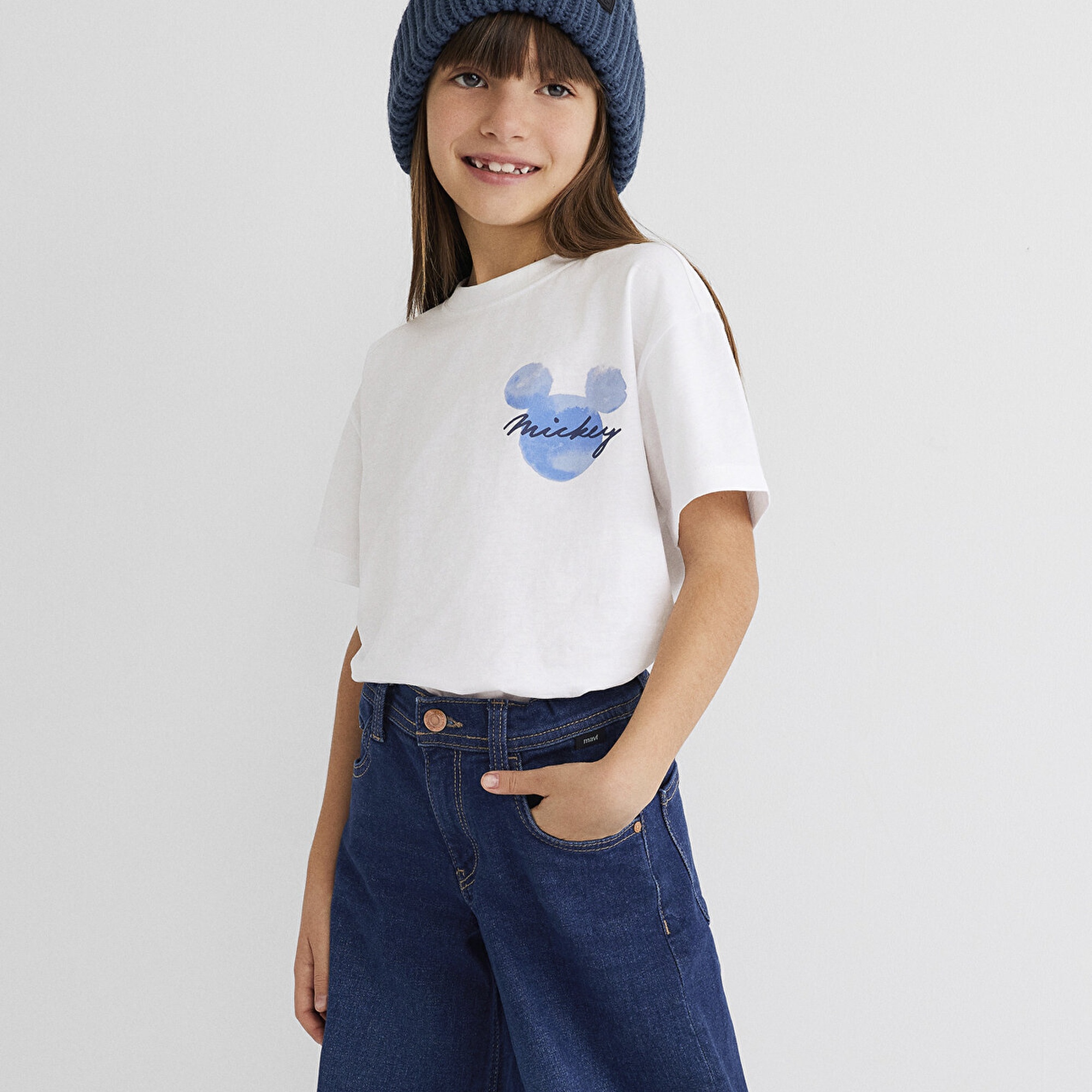 Mavi Mickey Mouse Baskılı Beyaz Tişört Loose Fit / Bol Rahat Kesim 7610201-620