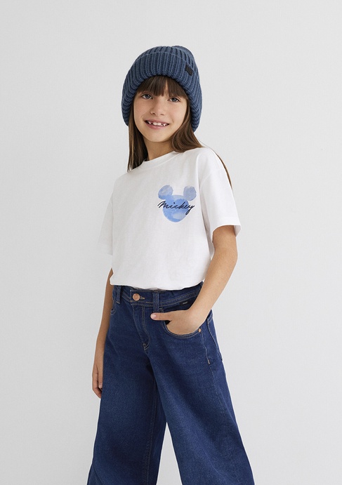  Mavi Mickey Mouse Baskılı Beyaz Tişört Loose Fit / Bol Rahat Kesim 7610201-620