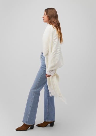  Mavi Suni Kürk Detaylı Ekru Panço 195854-34523