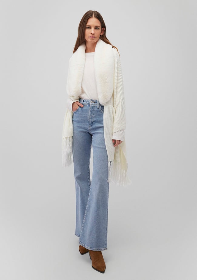  Mavi Suni Kürk Detaylı Ekru Panço 195854-34523