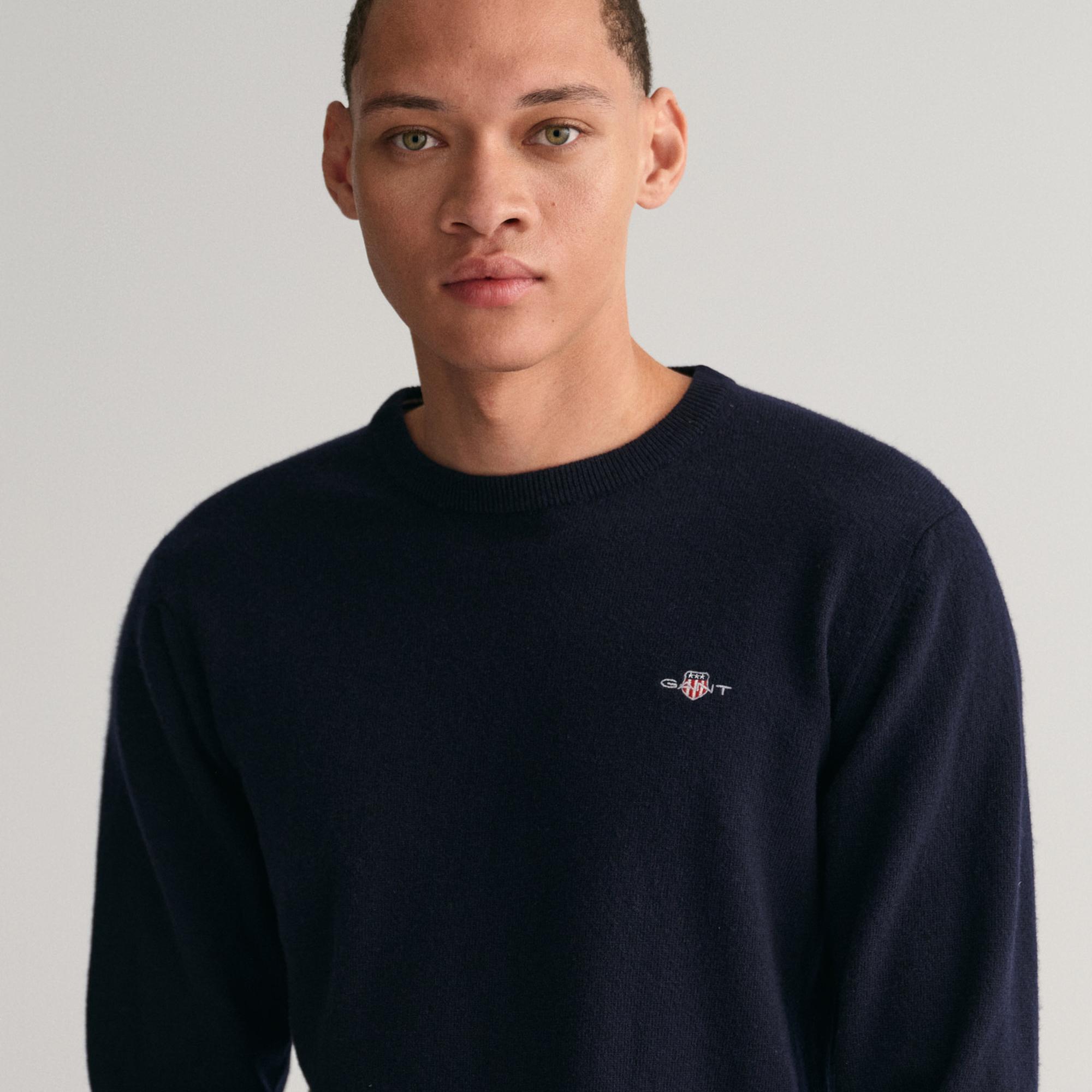 GANT Erkek Lacivert Regular Fit Bisiklet Yaka Yün Kazak