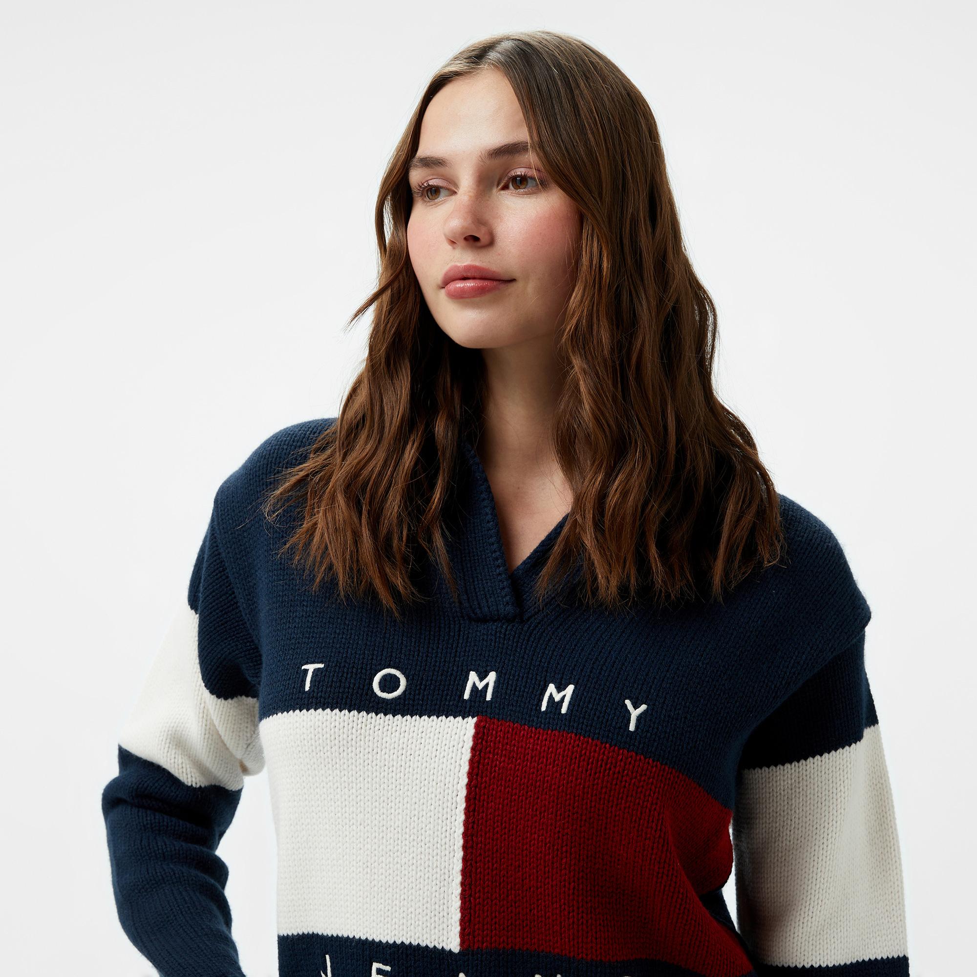 Tommy Hilfiger Jeans Flag Rugby Kadın Lacivert Kazak