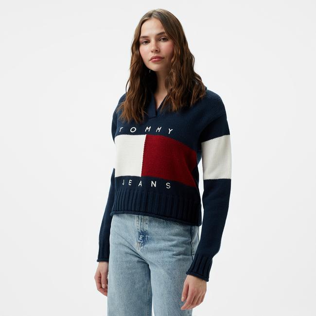  Tommy Hilfiger Jeans Flag Rugby Kadın Lacivert Kazak