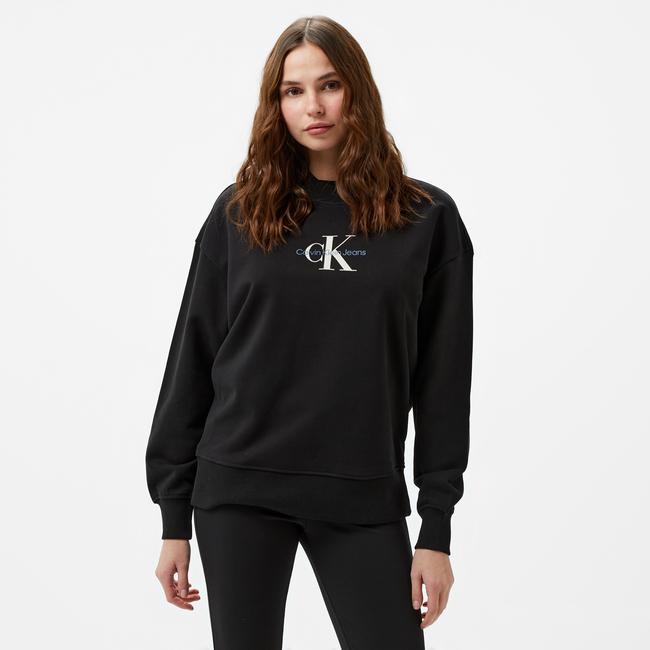  Calvin Klein Jeans Textured Monologo Crewneck Kadın Siyah Sweatshirt