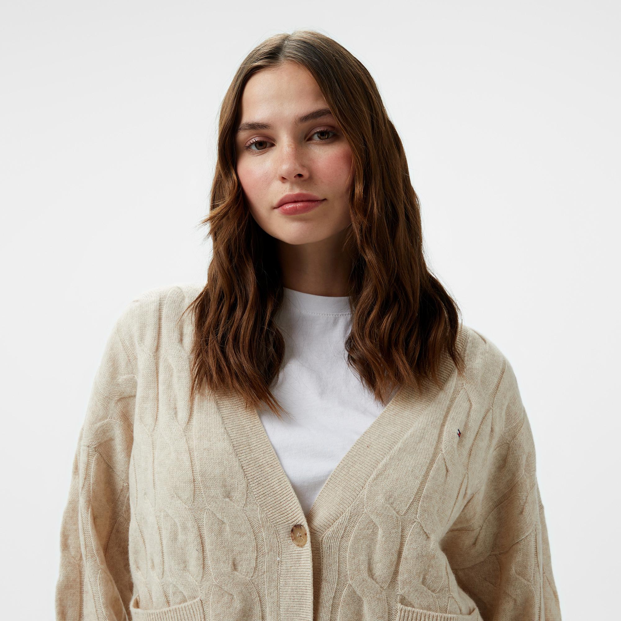 Tommy Hilfiger Soft Wool Cable Kadın Bej Hırka