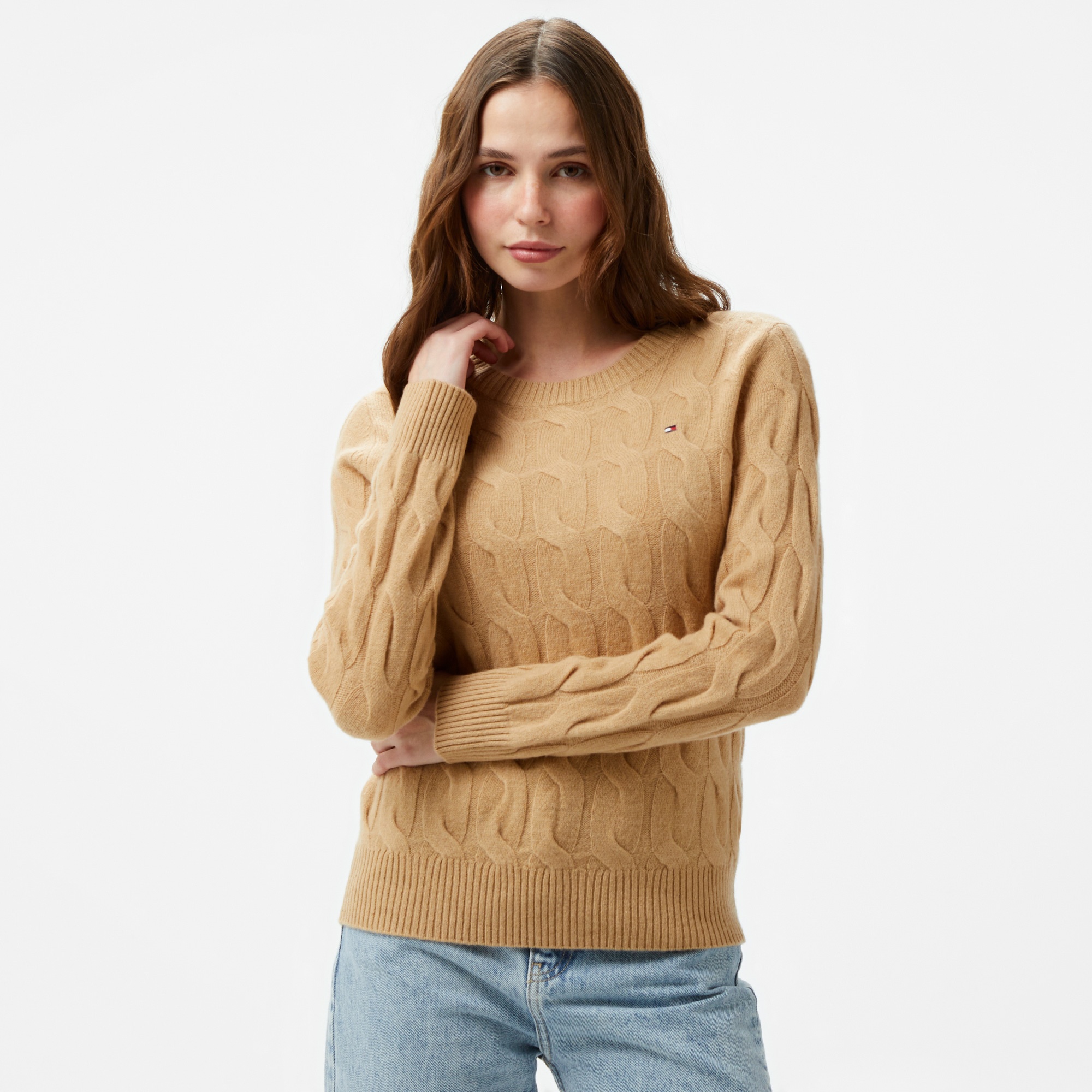 Tommy Hilfiger Soft Wool Cable Kadın Haki Kazak