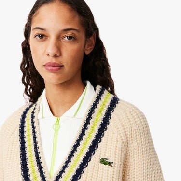  Kadın Relaxed Fit V Yaka Yün Renk Bloklu Krem Kazak