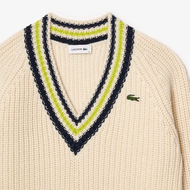  Kadın Relaxed Fit V Yaka Yün Renk Bloklu Krem Kazak