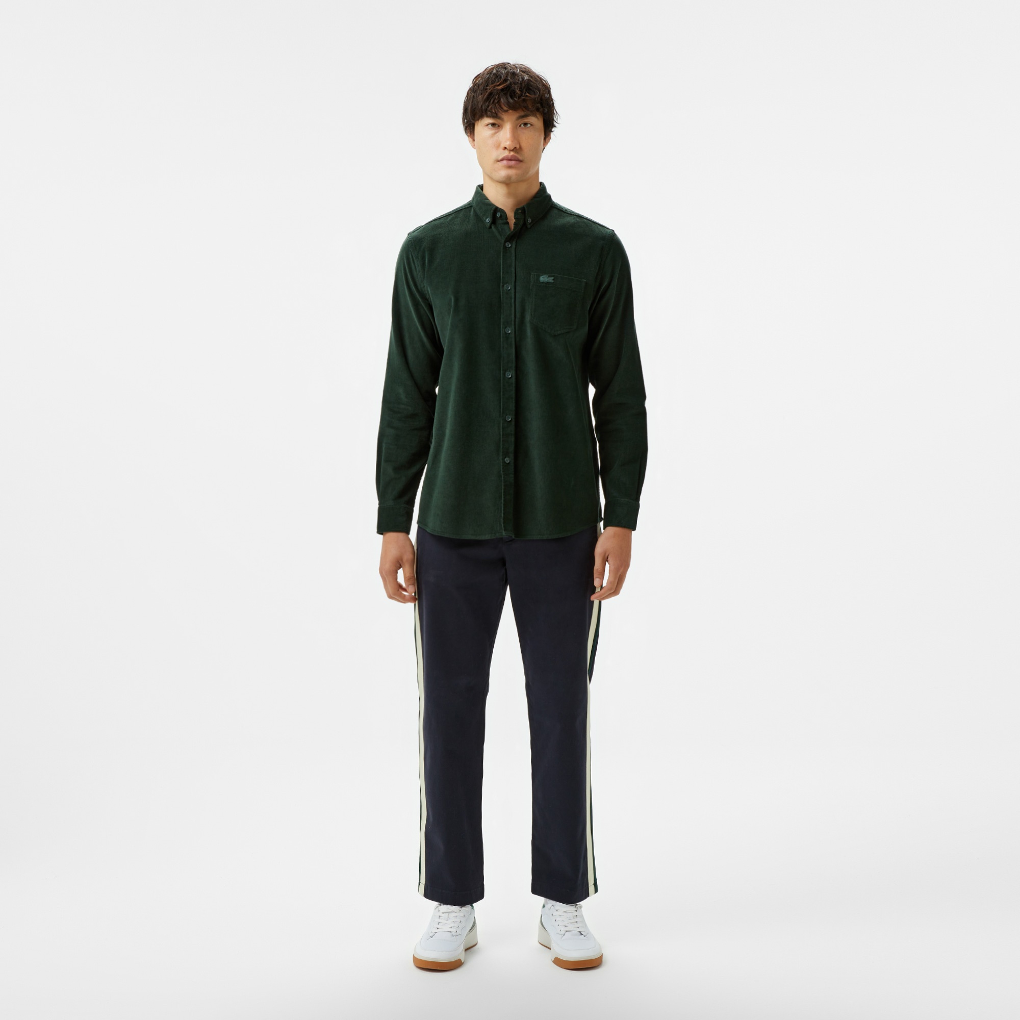 Erkek Regular Fit Düğmeli Yaka Koyu Yeşil Gömlek