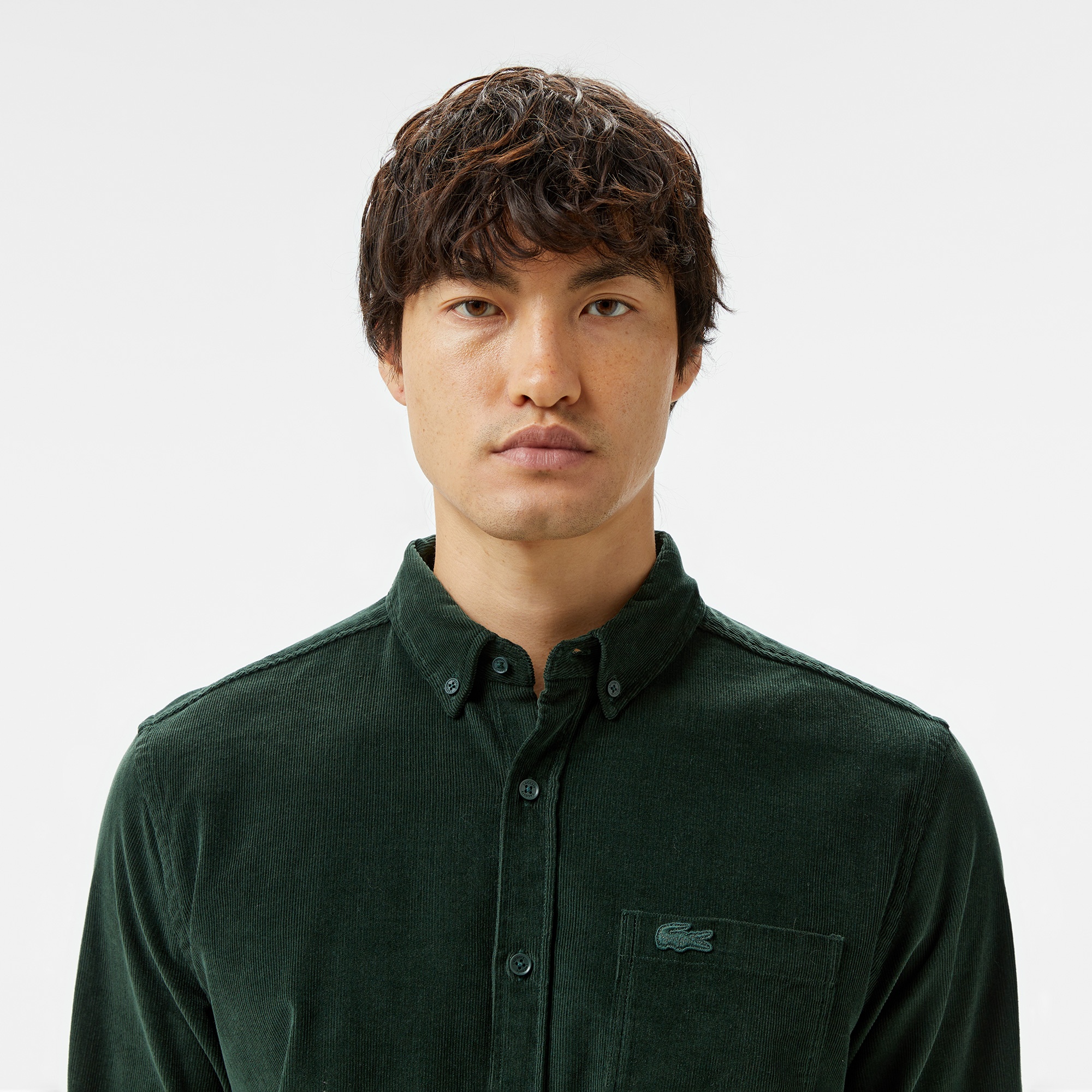 Erkek Regular Fit Düğmeli Yaka Koyu Yeşil Gömlek