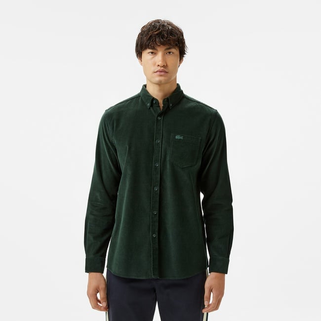  Erkek Regular Fit Düğmeli Yaka Koyu Yeşil Gömlek