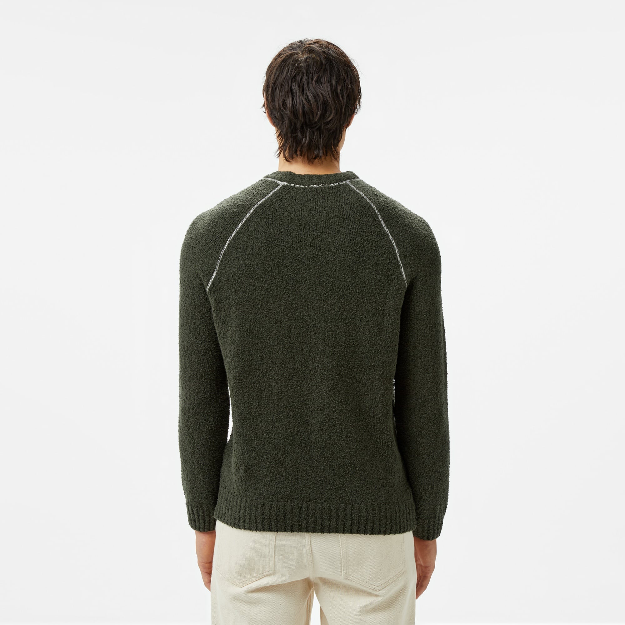 Erkek Relaxed Fit Bisiklet Yaka Baskılı Koyu Yeşil Kazak