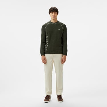  Erkek Relaxed Fit Bisiklet Yaka Baskılı Koyu Yeşil Kazak