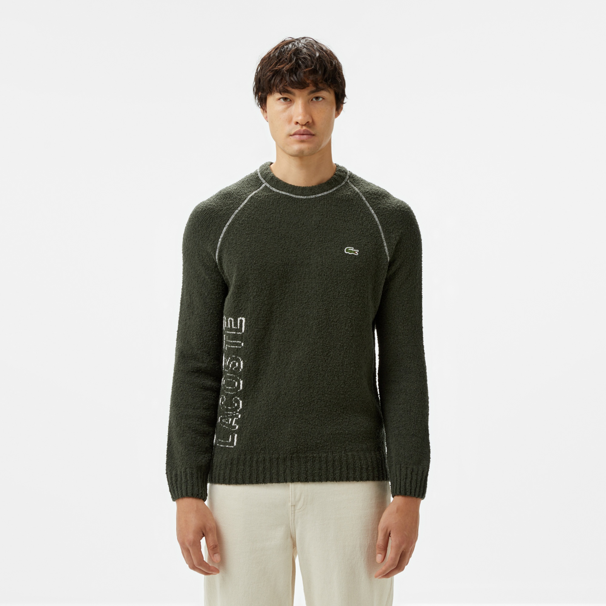 Erkek Relaxed Fit Bisiklet Yaka Baskılı Koyu Yeşil Kazak