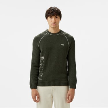  Erkek Relaxed Fit Bisiklet Yaka Baskılı Koyu Yeşil Kazak