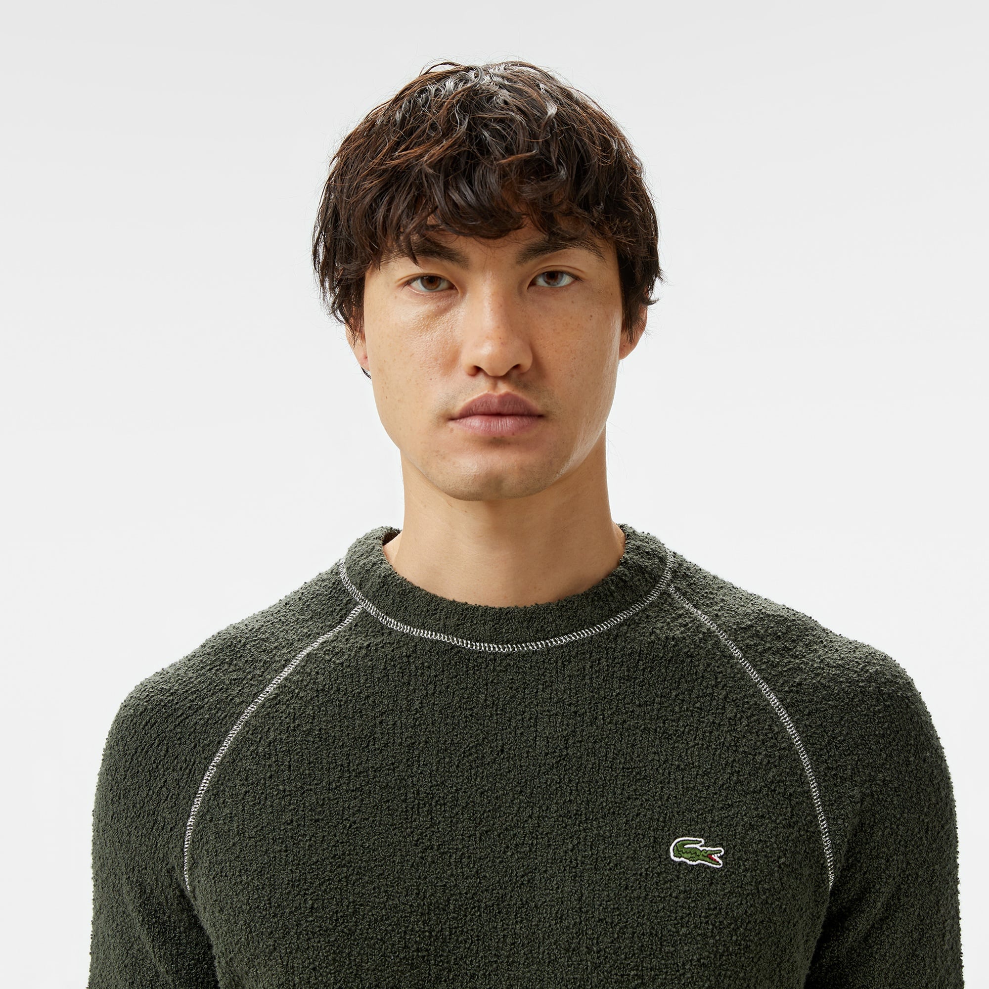 Erkek Relaxed Fit Bisiklet Yaka Baskılı Koyu Yeşil Kazak