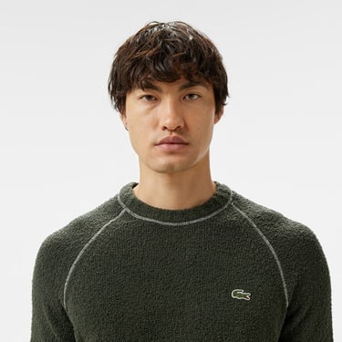  Erkek Relaxed Fit Bisiklet Yaka Baskılı Koyu Yeşil Kazak