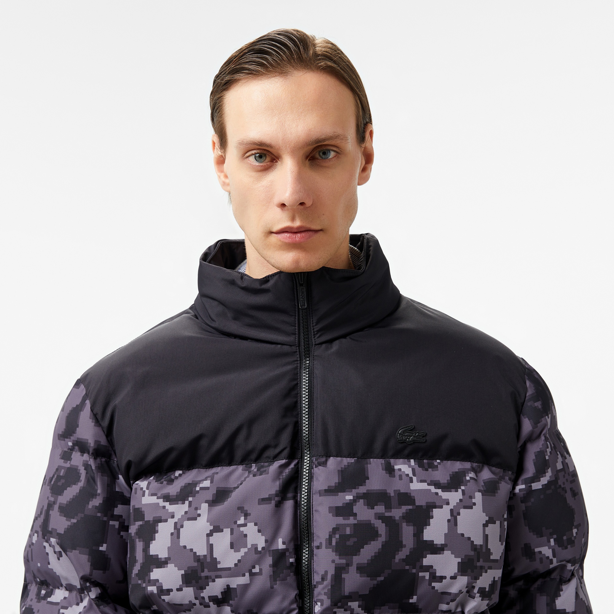 Erkek Desenli Siyah Şişme Mont