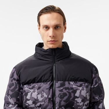  Erkek Desenli Siyah Şişme Mont