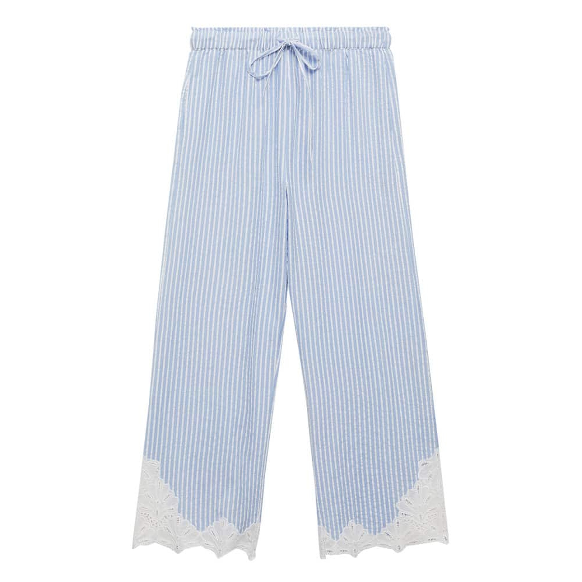 Mango Kadın İşlemeli Çizgili Pantolon Gök Mavisi