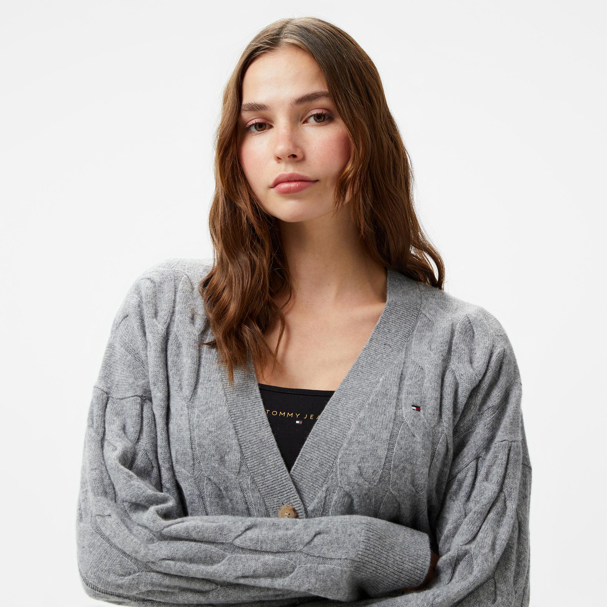 Tommy Hilfiger Soft Wool Cable Kadın Gri Hırka