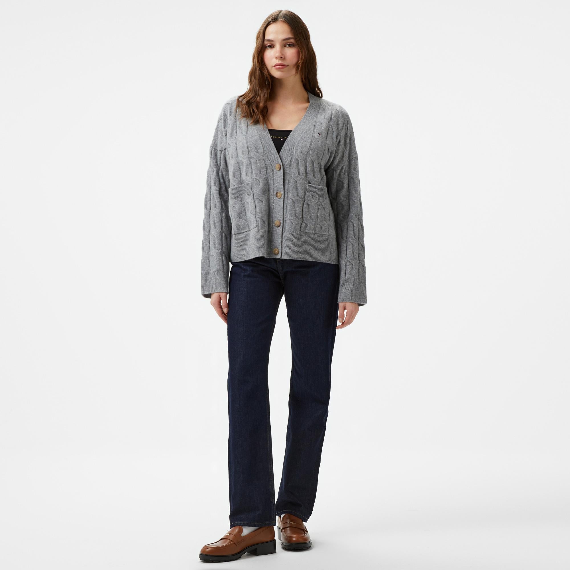 Tommy Hilfiger Soft Wool Cable Kadın Gri Hırka