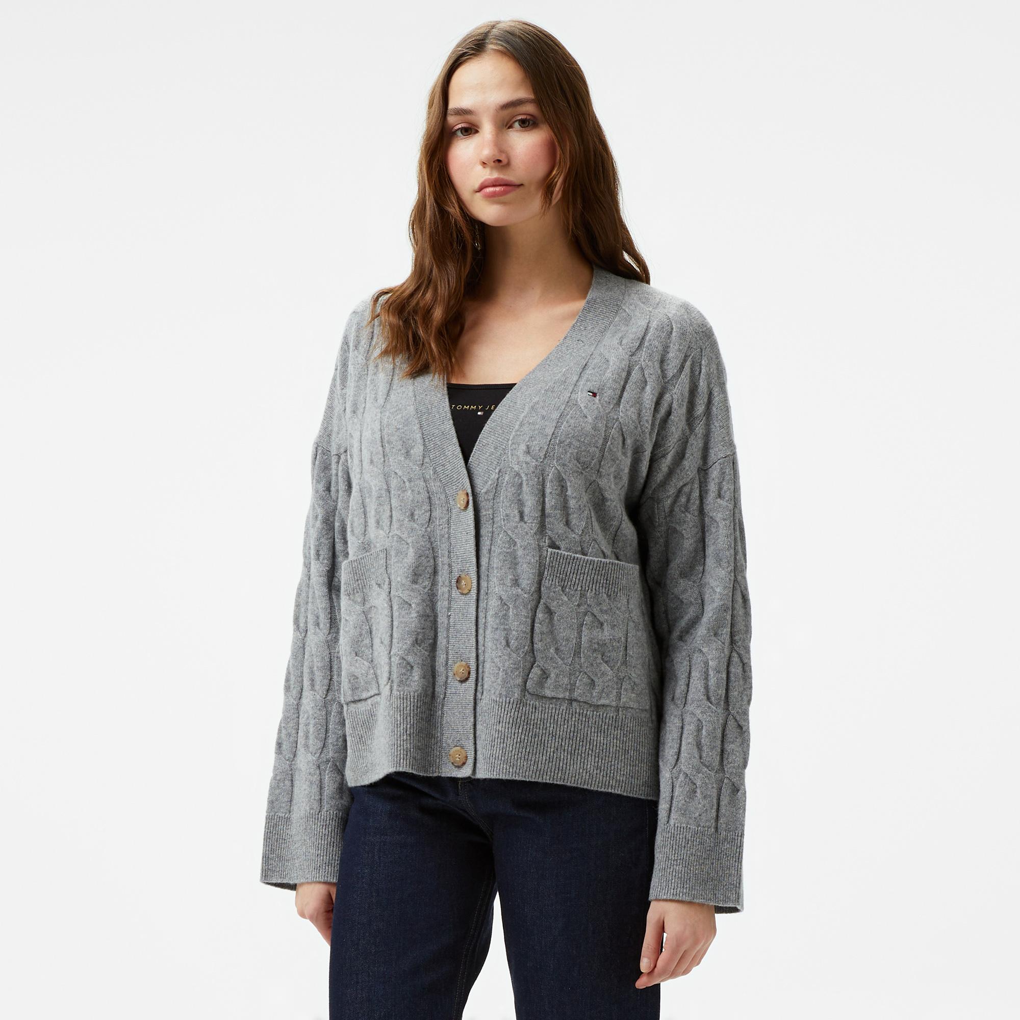 Tommy Hilfiger Soft Wool Cable Kadın Gri Hırka