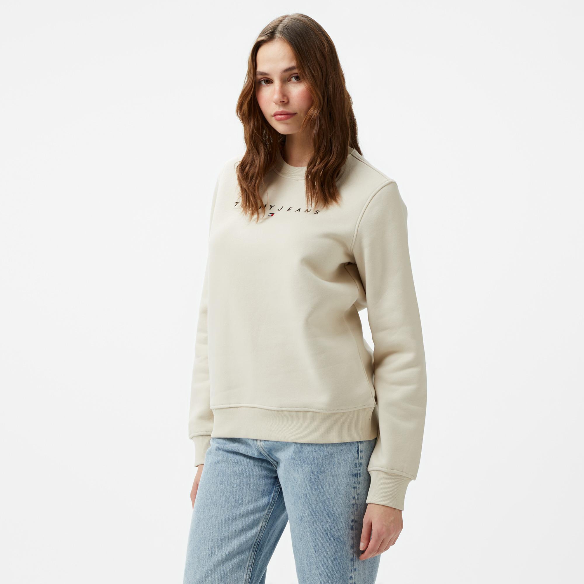 Tommy Hilfiger Jeans Linear Crew Kadın Bej Sweatshirt