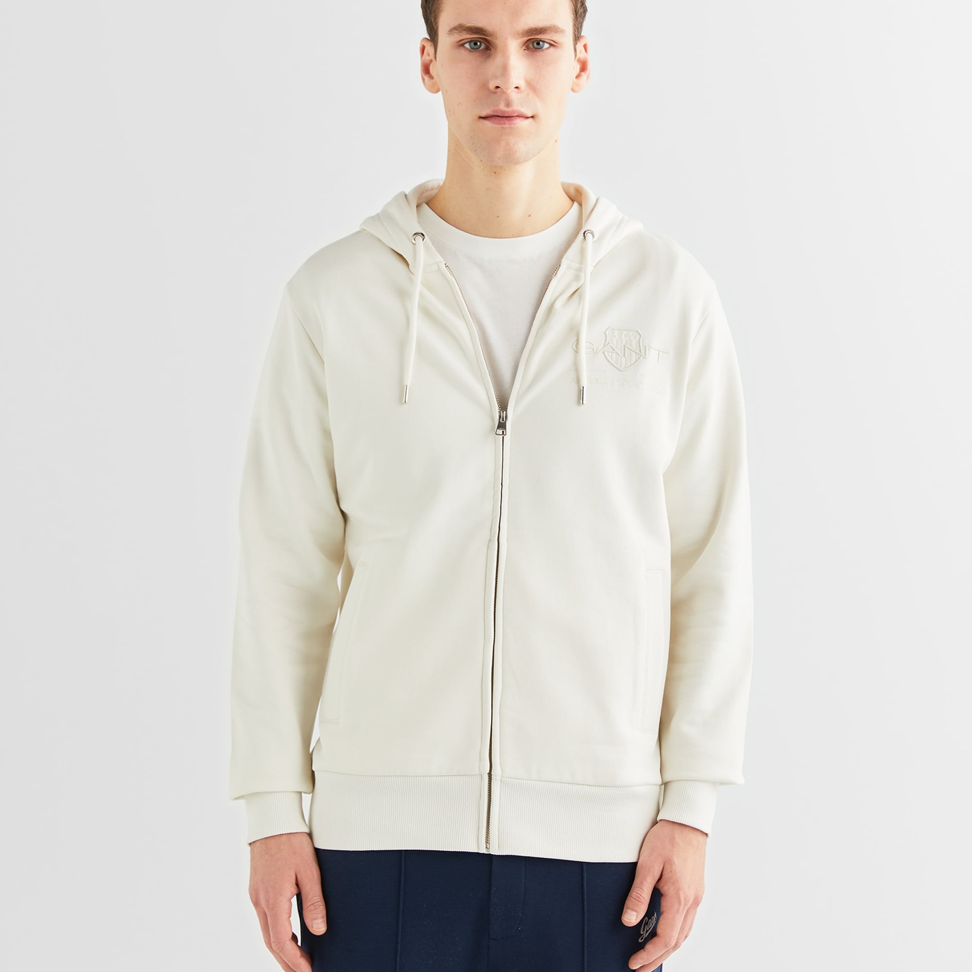 GANT Erkek Krem Regular Fit Kapüşonlu Logolu Sweatshirt
