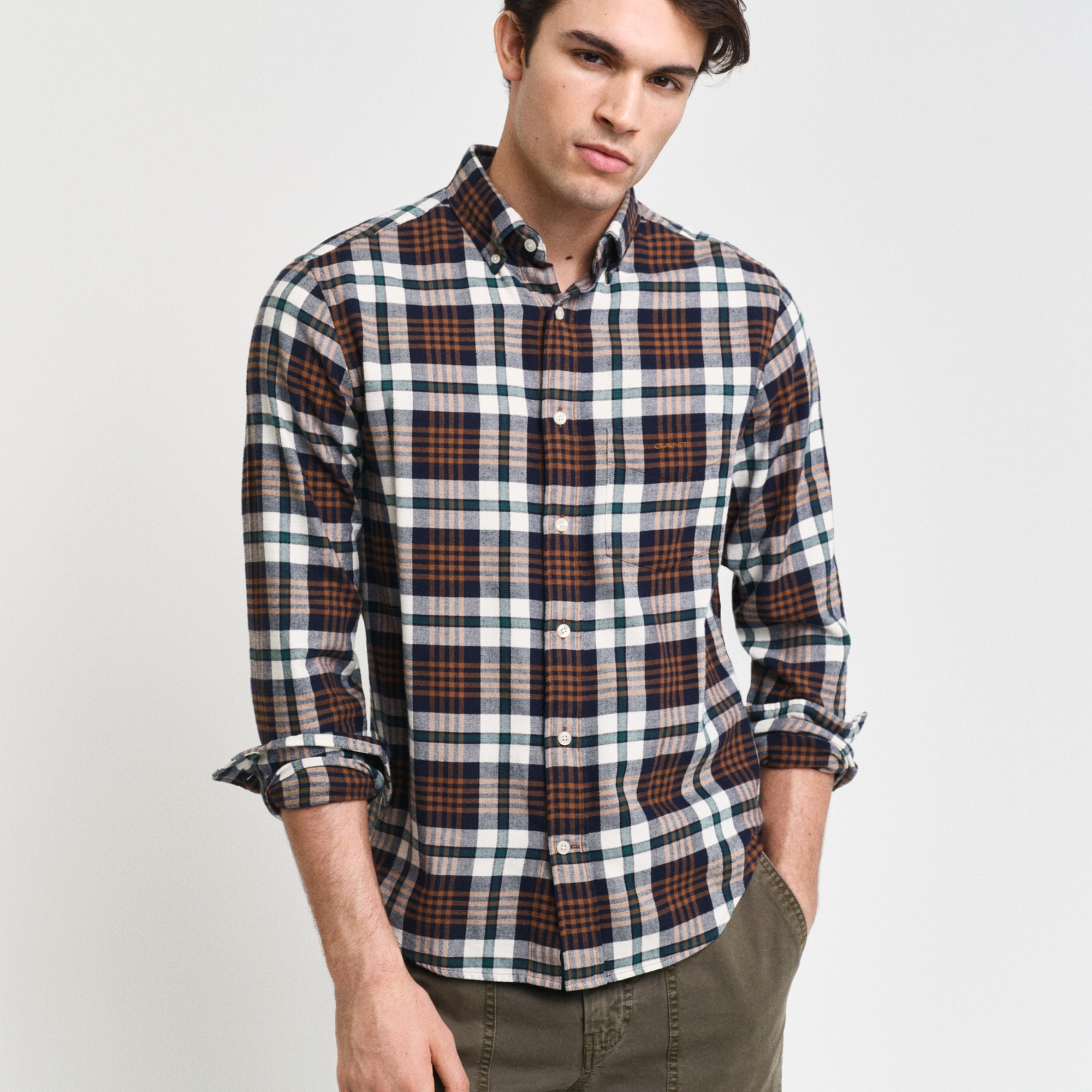 GANT Erkek Kahverengi Regular Fit Düğmeli Yaka Kareli Gömlek