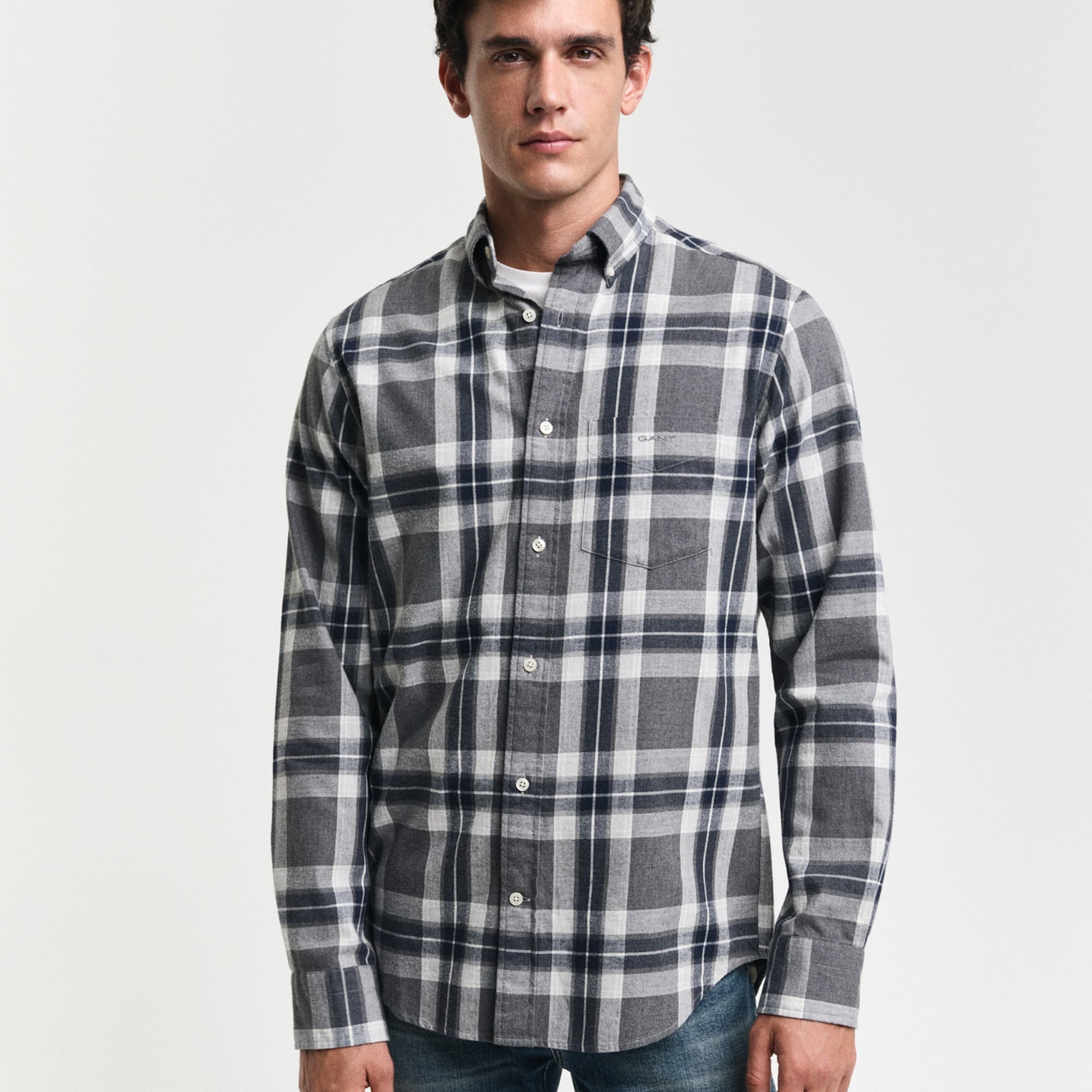 GANT Erkek Gri Regular Fit Düğmeli Yaka Kareli Gömlek