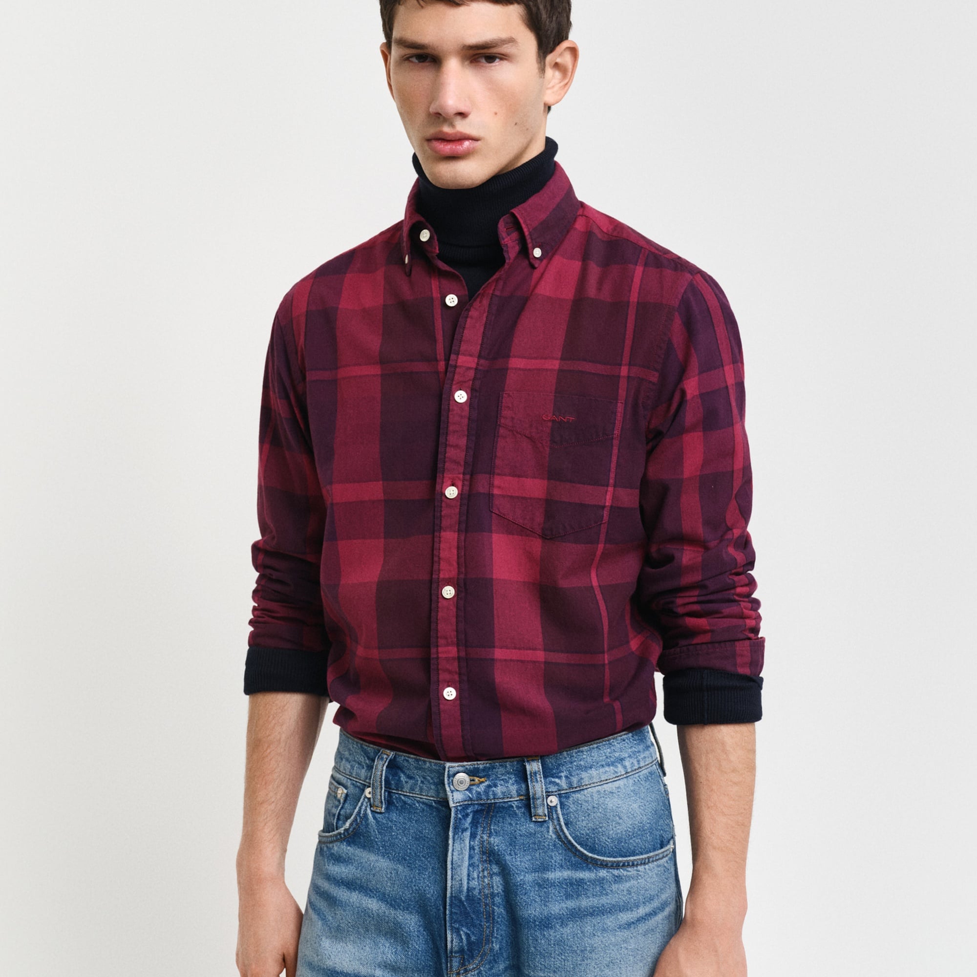 GANT Erkek Bordo Regular Fit Düğmeli Yaka Kareli Gömlek