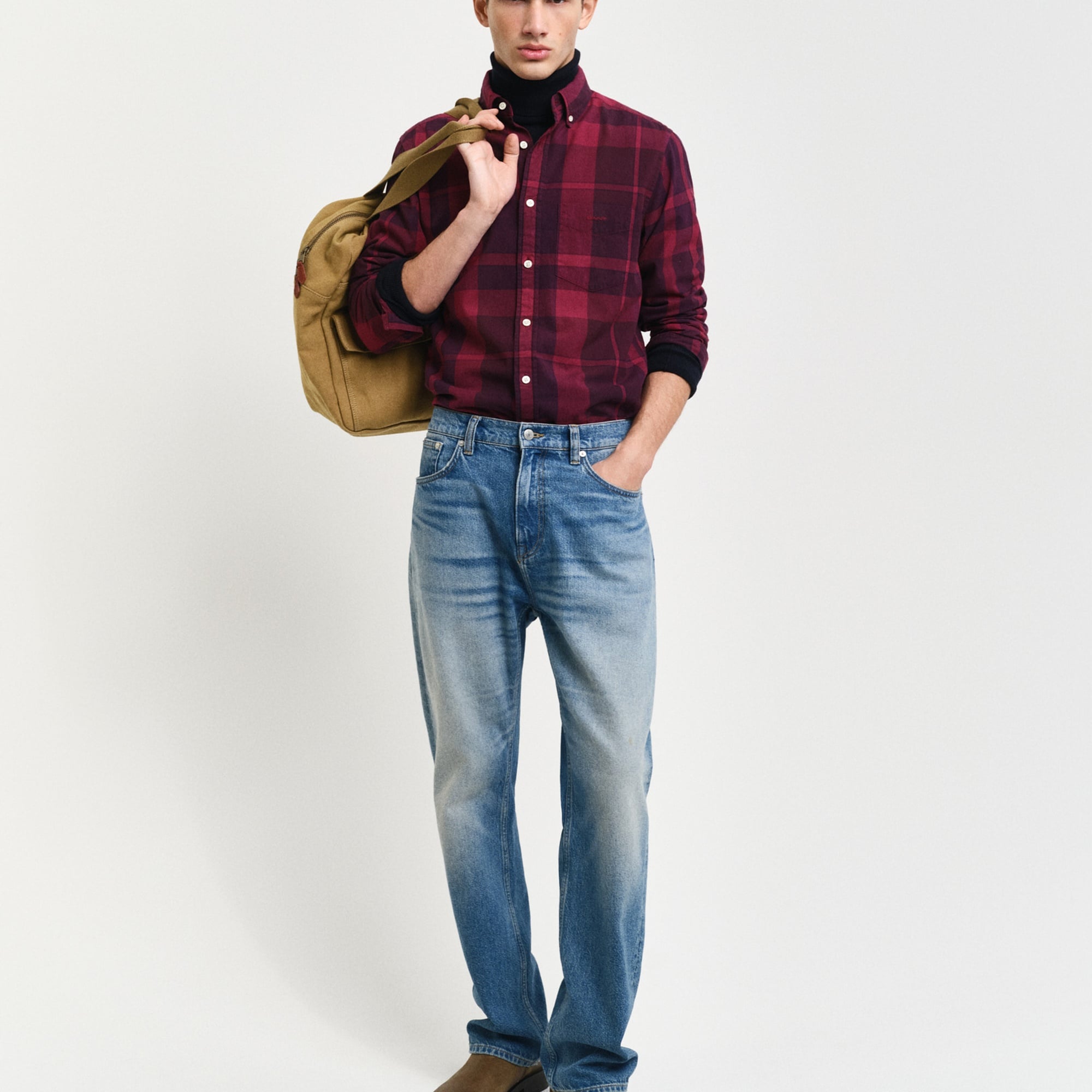 GANT Erkek Bordo Regular Fit Düğmeli Yaka Kareli Gömlek