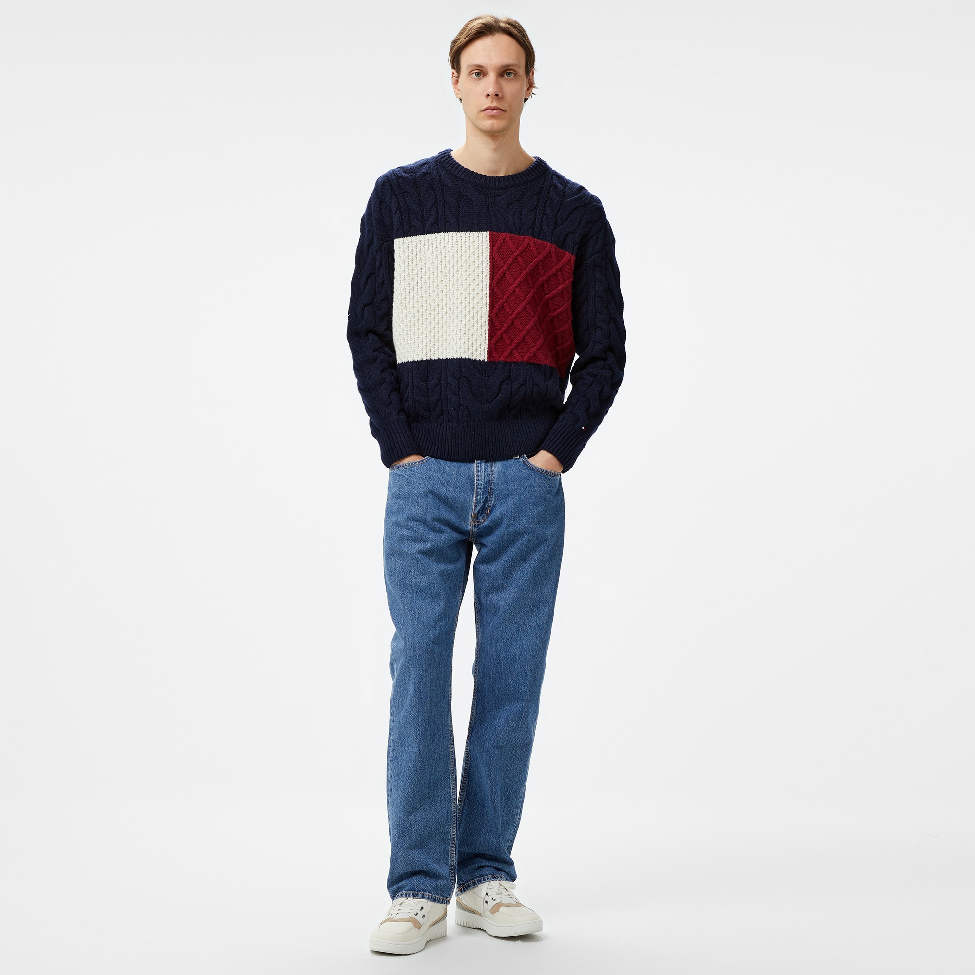 Tommy Hilfiger Cable Flag Erkek Mavi Kazak