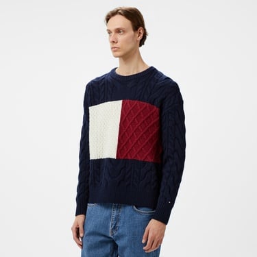  Tommy Hilfiger Cable Flag Erkek Mavi Kazak