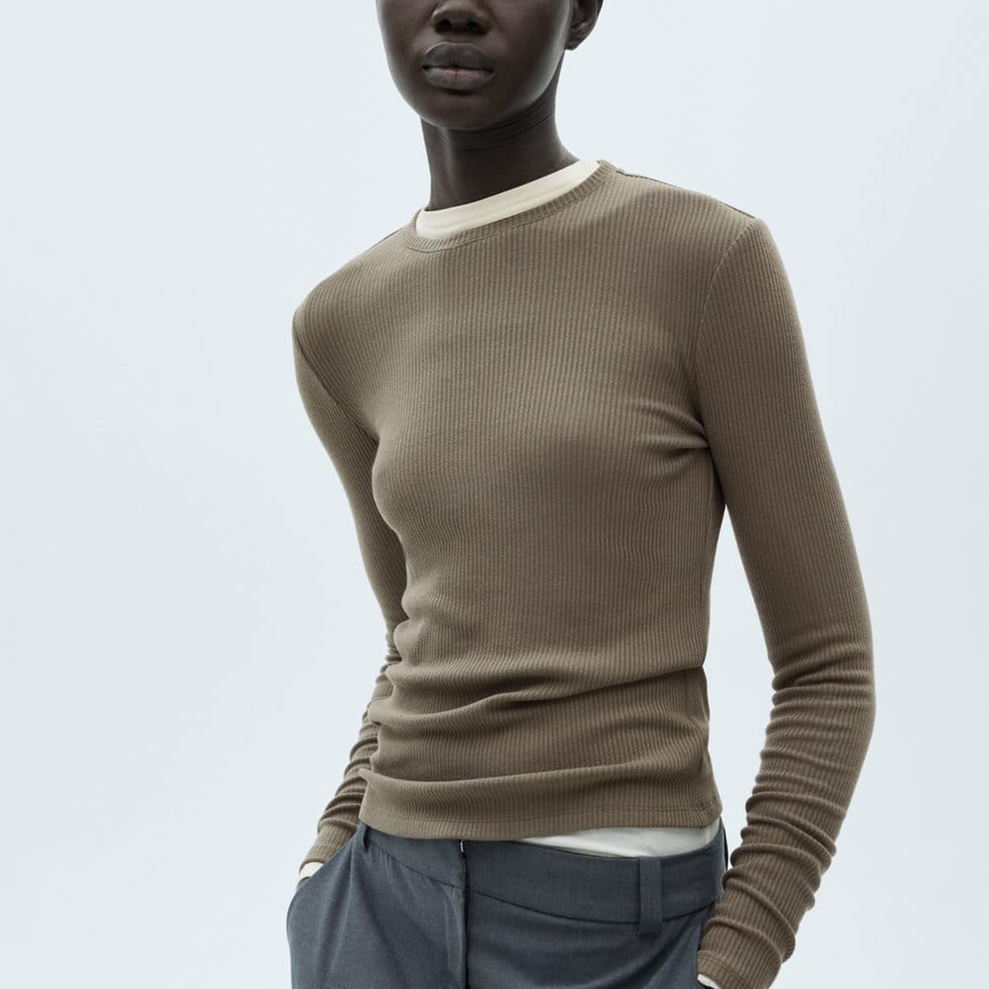 Mango Kadın Ribana Triko Tişört Haki