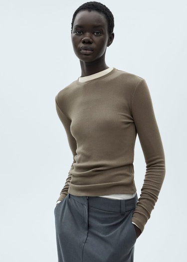  Mango Kadın Ribana Triko Tişört Haki