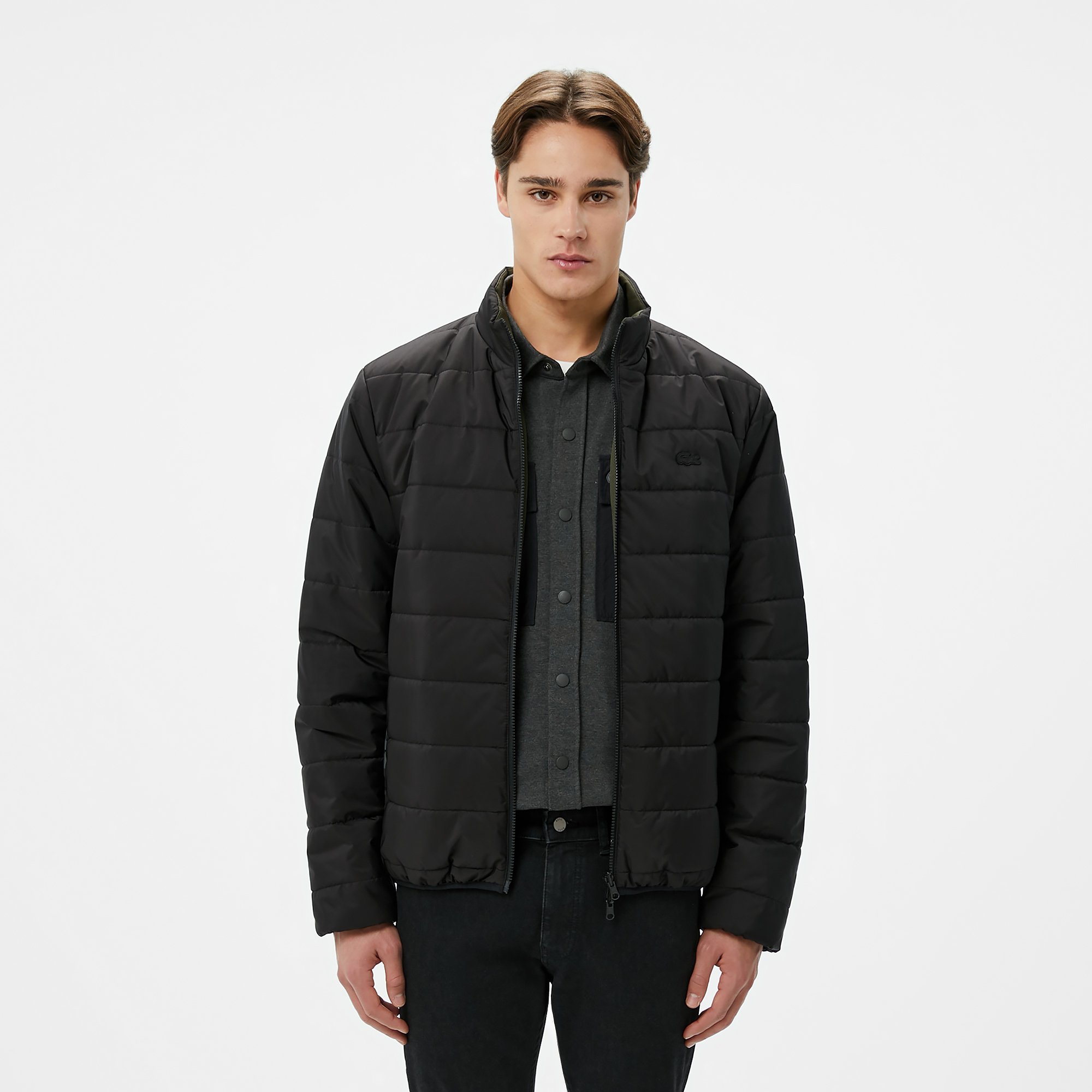  Erkek Dik Yaka Çift Taraflı Siyah Mont