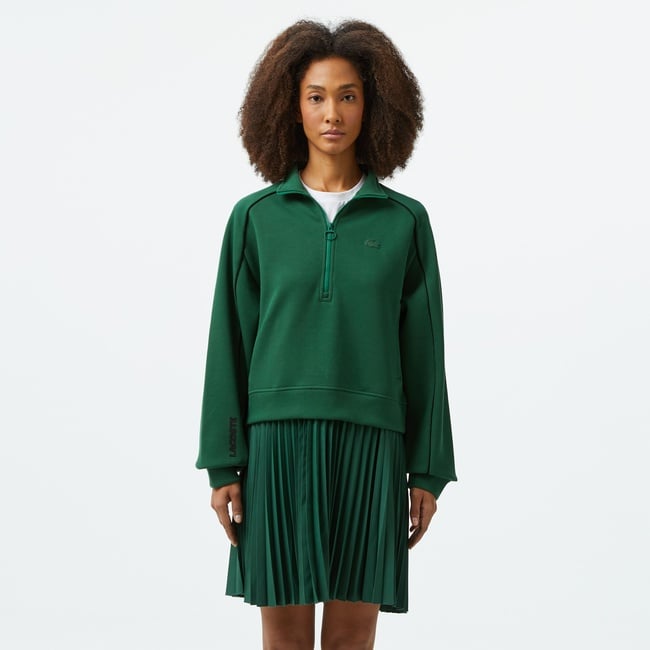 Lacoste Kadın Flare Fit Uzun Kollu Fermuarlı Yaka Koyu Yeşil Elbise