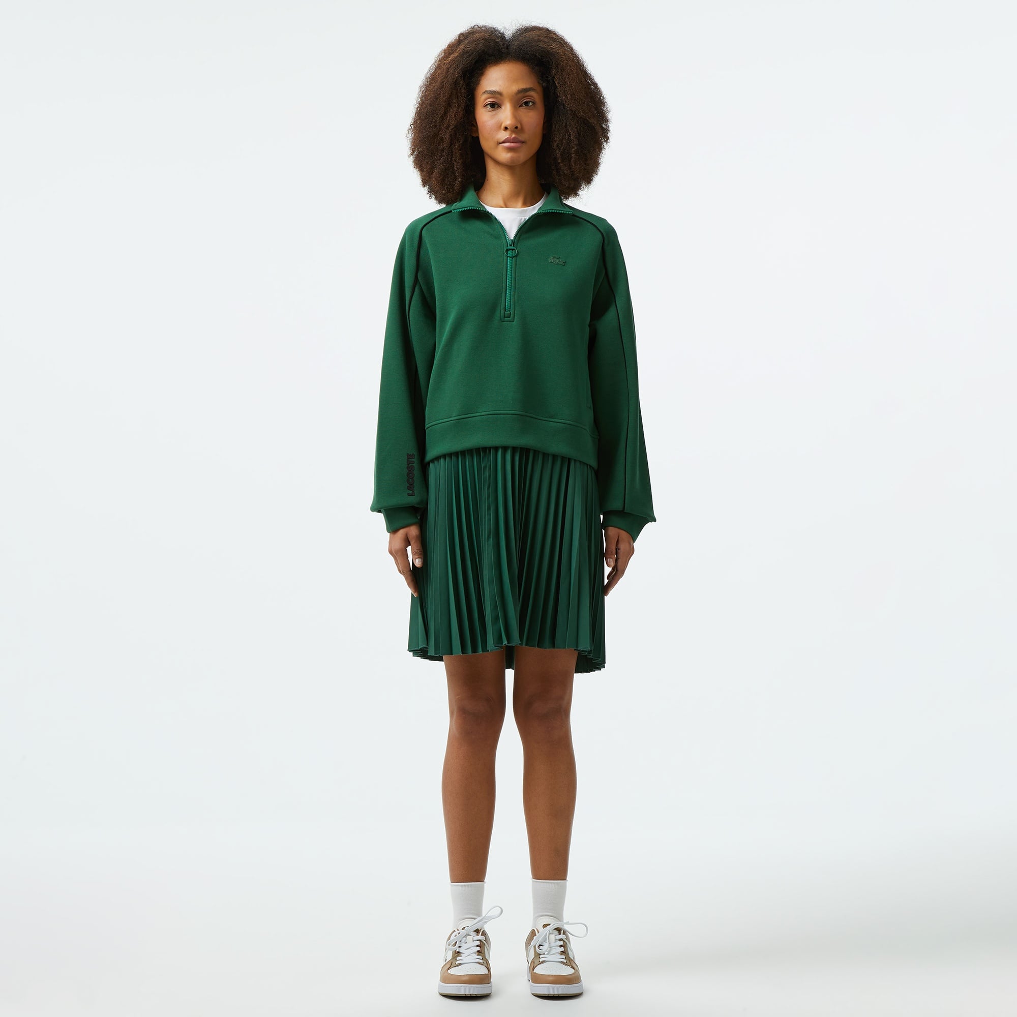 Lacoste Kadın Flare Fit Uzun Kollu Fermuarlı Yaka Koyu Yeşil Elbise