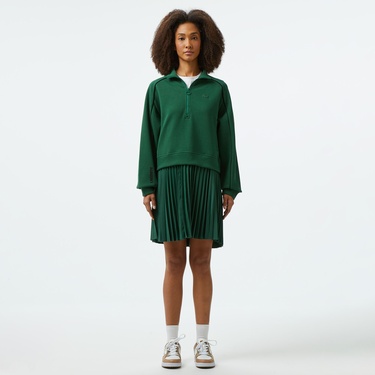  Lacoste Kadın Flare Fit Uzun Kollu Fermuarlı Yaka Koyu Yeşil Elbise