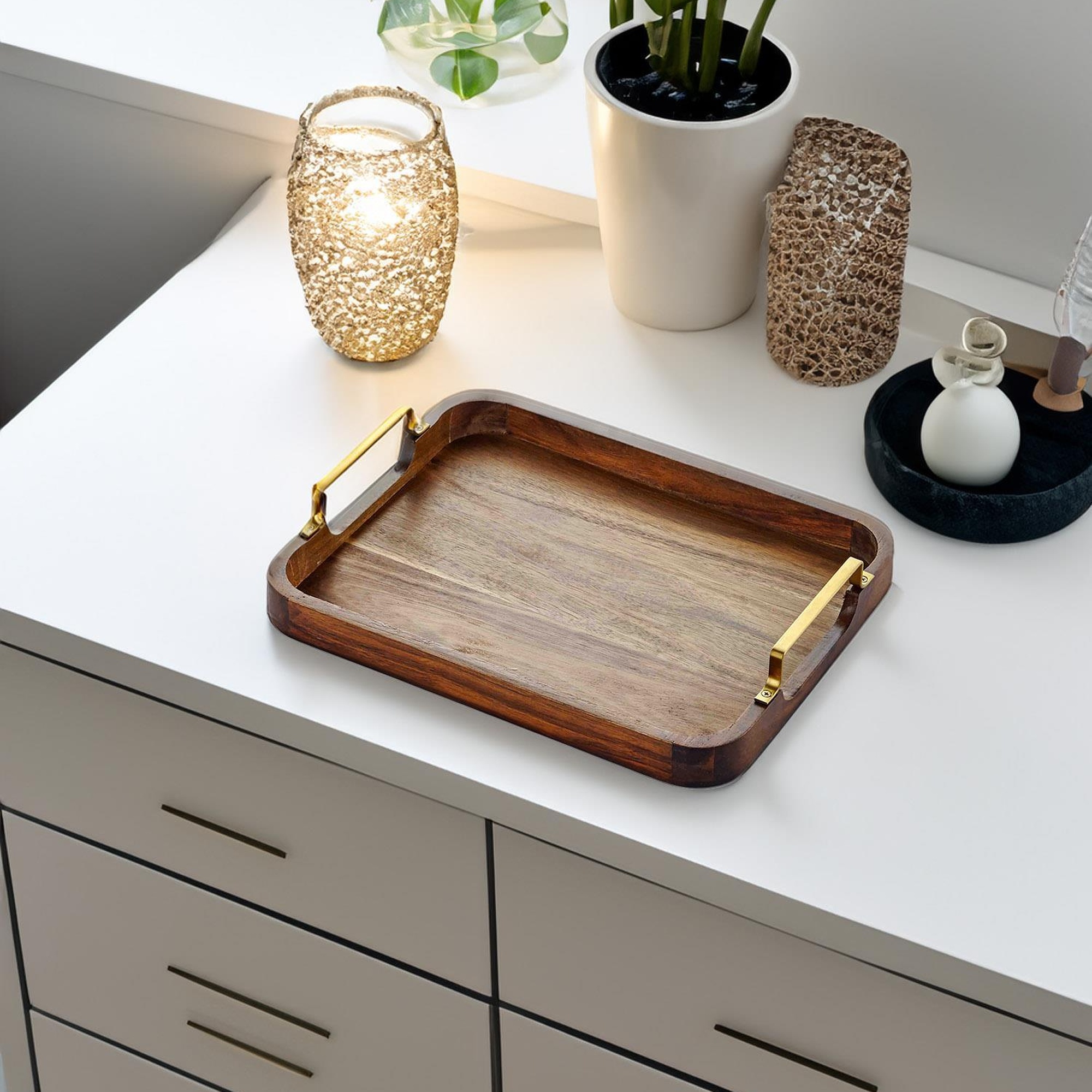 Natura Metal Kollu Akasya Tepsi 30x23 cm