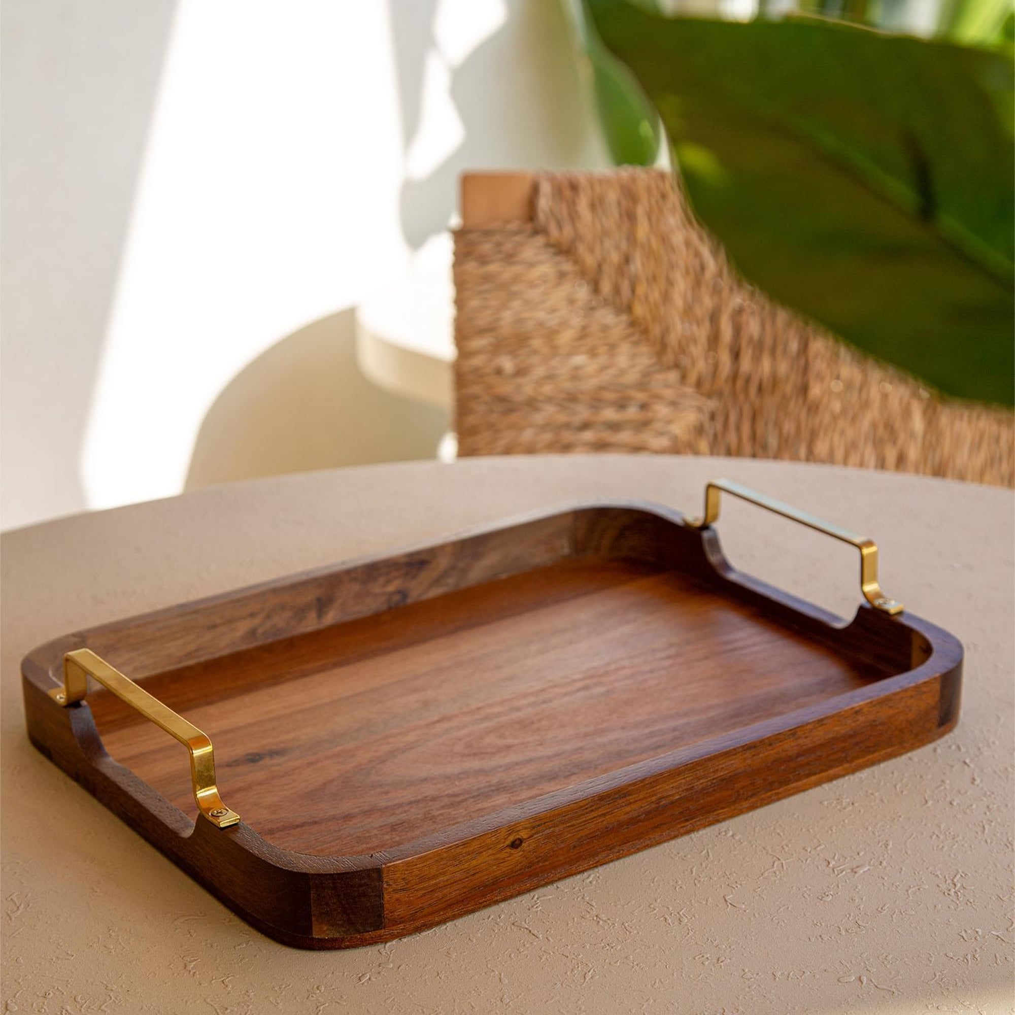 Natura Metal Kollu Akasya Tepsi 38x28 cm